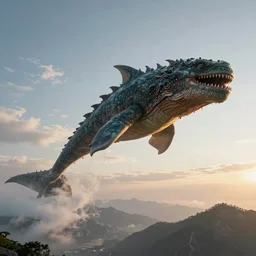 a huge sea monster is flying high in the sky above the mountains, epic, surreal, cinematic shot, golden hour, artstation, deviantart, dreamy atmosphere, high definition