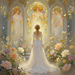 breathtaking detailed soft painting of a full body shot of a bride viewed from behind in a long dress of pure light, in a sunlit luxurious flower garden art nouveau cathedral on a wedding day, covered in pastel flowers with golden petals flying, rule of thirds, german romanticism, rembrandt style, elegant, volumetric lighting, highly detailed, artstation, concept art, matte, sharp focus, art by Tom Bagshaw, Alfons Mucha and Greg Rutkowski