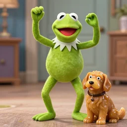 dslr photo of kermit the frog dancing with a caramel dog