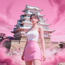 lee jin - eun emerging from pink maelstorm at himeji castle on pamukkale in cyberpunk theme by conrad roset, nicola samuri, dino valls, m. w. kaluta, rule of thirds, seductive look, beautiful
