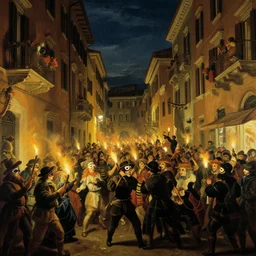 streets of rome during carnival at night in 1 7 9 9, painted in the style of belloto, with crowds carrying small torches, trying to extinguish those of the neighbors, everybody masked, crowded decorated and lit balconies, great joy and mess