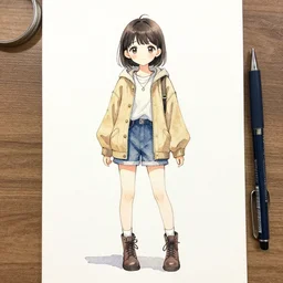 full body watercolour ink painting of a cute japanese girl wearing tokyo fashion, 4 k artstation
