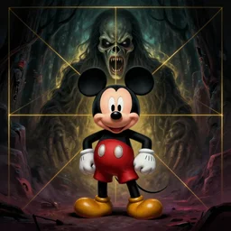 Micky Mouse, horror, terrifying, scary, 8K, trending on artstation, full color, golden ratio, rule of thirds, low key, ray tracing, establishing shot, extremely high detail, concept art, award winning, by Frank Frazetta, John Buscema