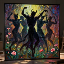 evil shadow people dancing by gustave dore. back glass painting, carnation, encaustic painting, b - roll, establishing shot, dappled light, crime scene photography, 8 k, vray, unreal engine, blender cycles, colorful