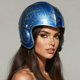 an attractive young female wearing an blue ornate metallic helmet, adriana lima, olive skin, long dark hair, beautiful bone structure, intricate, elegant, highly detailed, digital painting, artstation, concept art, smooth, sharp focus, illustration, art by artgerm and greg rutkowski and alphonse mucha