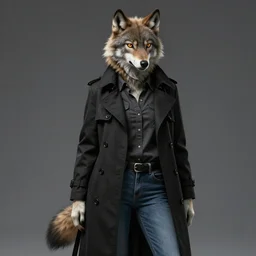 female anthropomorphic wolf dressed in a black trench coat, button up shirt, and jeans trending on artstation deviantart pinterest furaffinity hyper detailed and intricate hypermaximalist hyper realistic photorealistic highlights and shadow ray traced ultra - hd 3 2 k post - processing super high resolution