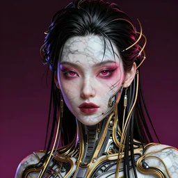 portrait of an evil beautiful woman, marble skin, black and gold wires, high - tech, cyberpunk, by kim jung gi, irakli nadar, intricate linework, bright colors, octane render,