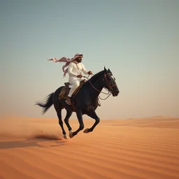 a desert concept art with a single arab rider wearing a white and red arab keffiyeh riding a black horse running from left to right wide shot, cinematic, ultra real, 4 k, highly detail