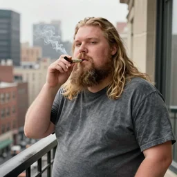 norman rockwell portrait of a 20-something, hefty, nordic man with long blonde hair and a (shaggy) beard smoking a joint on a balcony in New York City, Norwegian Man