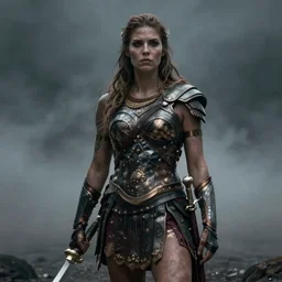 bree williamson as the goddess of war. movie still. sinister atmospheric lighting. highly detailed, ground mist