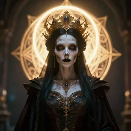 portrait, queen of death, glowing halo, mandala, bokeh on background, dramatic lighting, cinematic, establishing shot, extremly high detail, foto realistic, cinematic lighting, post processed, concept art, artstation, matte painting, style by eddie mendoza, raphael lacoste, alex ross. 3d. octane render
