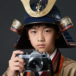 medium close up shot of an asian school boy wearing a samurai headgear, hand holding an old camera, dark studio background, softlight, photorealistic, art by artgerm and greg rutkowski
