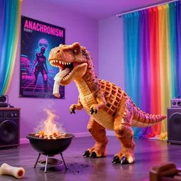 a dinosaur made out of waffles barbecuing chewing gum inside a room with neon rainbow drapes. on the wall a large post for an anachronism noir future.