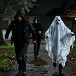 cinematic lighting photograph of proffesional Ghost hunters running away from a person wearing a haloween ghost costume chasing them