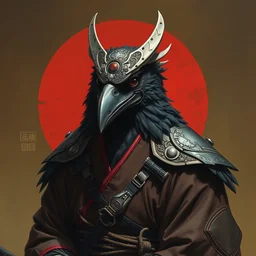 portrait of a mechanical kenku raven in japanese samurai attire. oil on canvas by lead character artist takayuki satou