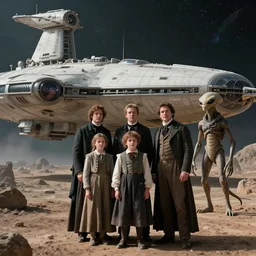 highly detailed, 1024777216k film still from a sci fi blockbuster color movie made in 2019, set in 1860, of a family standing in front of a spaceship that has just landed on an alien planet, a humanoid alien creature stands nearby, the family are all wearing 1860s era clothes, in focus, good lighting, good photography, ultra high definition