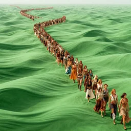 moody 1 9 7 0's artistic technicolor spaghetti western film, a large huge group of women in a giant billowing wide long flowing waving green dresses, standing inside a green mossy irish rocky scenic coastline, crashing waves and sea foam, volumetric lighting, backlit, moody, atmospheric, fog, extremely windy, soft focus