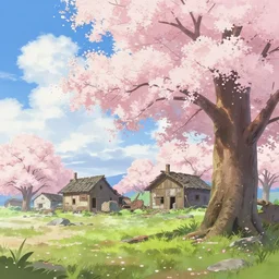 anime, little port village ruins, spring, sakura tree, beautiful cloud, quiet, anime background, illustration, sharp focus, intricate, smooth, super wide angle, trending on artstation, trending on deviantart