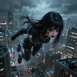 streamer lilypichu flying above a city, realistic, scary, ominous.