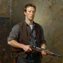 1980s oil painting of Mark Zuckerberg holding a rifle, old