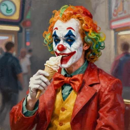 oil painting of Agent 47 in a clown costume eating ice cream, video game, highly detailed, avante garde