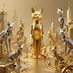 gold and silver tones, cybernetic cat village, style of moebius, james jean, rutkowski, cinematic, high detail, award winning, 8 k photorealistic
