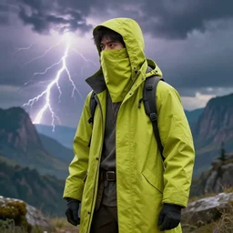 Beautiful digital art of an adventurer in a lime coloured coat covering his face looking to the side with epic landscape in background, 4K Ultra HD, dramatic lightning, trending on artstation, high detail, epic composition, Octane render