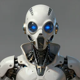 low angle shot of a cyberpunk gazmask robot character with blue eyes, front shot, intricate, elegant, highly detailed, centered, digital painting, artstation, concept art, smooth, sharp focus, illustration, artgerm, Tomasz Alen Kopera, Peter Mohrbacher, donato giancola, Joseph Christian Leyendecker, WLOP, Boris Vallejo