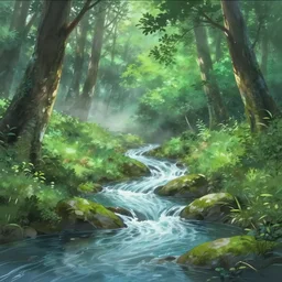 a serene babbling brook in a tranquil misty forest, anime, lush trees, a fantasy digital painting by makoto shinkai, trending on artstation, highly detailed