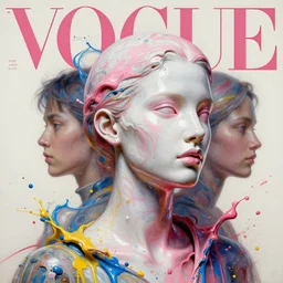 3 d, marble head of fashion model with liquid white and pink metal, vogue cover style, paint splatters, blue and yellow and red paint splash, paint drops whirling in the air, poster art, high detail, intricate oil painting, multiple exposure, stanley kubrick mood, hyperrealism, 3 d, by tooth wu and wlop and beeple and greg rutkowski