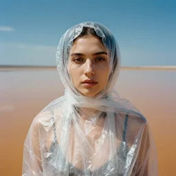 a closeup portrait of a woman wrapped in plastic, standing in front of flooded mars covered in water, color photograph, by vincent desiderio, canon eos c 3 0 0, ƒ 1. 8, 3 5 mm, 8 k, medium - format print