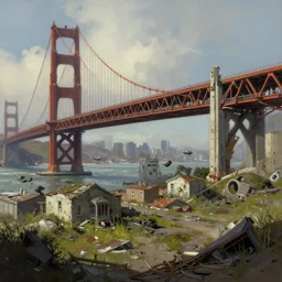post - apocalyptic, abandoned and destroyed san francisco, california. artistic painterly by greg rutkowski and trending on artstation, favorites on deviantart