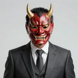 character art of a man in a suit wearing an oni mask. concept art, artstation