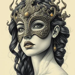 woman portrait, head on face, foreground, coherence, volumetric, wearing a carved half mask with incrustations, astral godness vishnu, ethereal, elements, baroque, rococo, ink, tarot card enviromet, cinematics lights, detailed, intricate illustration, octane render, golden ratio, fine art by peter mohrbacher & marc simonetti