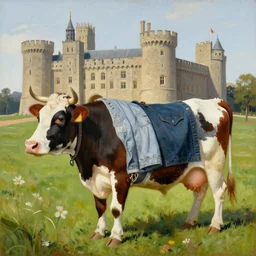 painting by zorn, cow wearing!!! clothes!!! standing next to royal castle!!