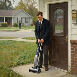 handsome man selling vacuum cleaners door to door in a suburban neighborhood 1 9 3 2, melancholy, nostalgia, painting by gaston bussiere, craig mullins, j. c. leyendecker