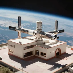 Cinestill 800t, 8K, 35mm; beautiful ultra realistic minimalistic lloyd wright in space(1950) film still scene, 2000s frontiers in retrofuturism architecture magazine September wes anderson edition, highly detailed, extreme closeup three-quarter scene, tilt shift low earth orbit background, three point perspective, focus on satellite space station hotel;sunflare;wide;DOF, soft lighting