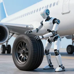 a realistic futuristic robot fixing an aeroplane tyre