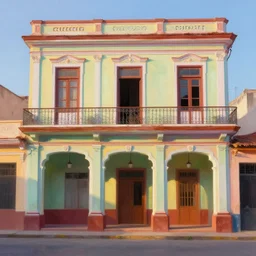 beautiful painting of cuban houses and storefront without characters, colonial architecture, intricate and smooth colors, front view, trending in artstation, colorful octane render, sunrise light, art style by michal sawtyruk