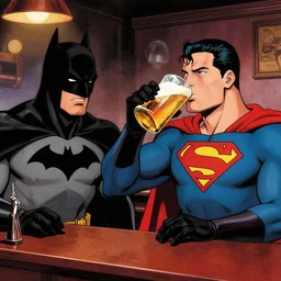 batman drinking beer with superman in a bar