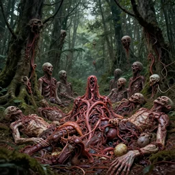 forest of human bodies and viscera by godmachine keith thompson horror art psychedelic trippy messy viscera visceral bodies death horror creepy faces organic forests