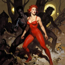 scarlett johansson is red sonja by frank frazetta, simon bisley, brom