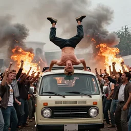 2 4 mm color photograph of shirtless geert wilders trying to flip over me - busje while angry mob is shouting, fire, smoke, atmospheric lighting, by joel meyerowitz, by saul leiter
