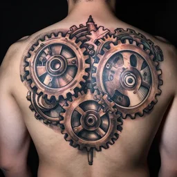 closeup photograph of an incredible upper back tattoo of interlocking steampunk gears, intricate linework peter mohrbacher intricate, model with attractive body, award-winning by rapha lopes, and baris yesilbas, photo taken with dramatic studio lighting by brian ingram