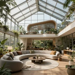 residential living room inside enormous greenhouse, solarpunk architecture, interior view digital detailed matte painting