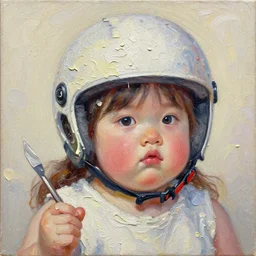 cute fat girl in helmet, palette knife painting of a close up of a three - dimensional thick impasto oil painting of a beautiful kephalonia, seen through complex globular texture, lots of thick encrusted paint, vast amounts of wax - like lines of dripping oil paint cover nearly everything, painted by john bauer signac and frank auerbach, background thick encrusted paint