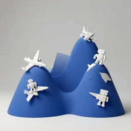 photo of minimalist abstract cubist sculpture of blue hills with random white mecha mayan decorations, covered with few large white airplane parts