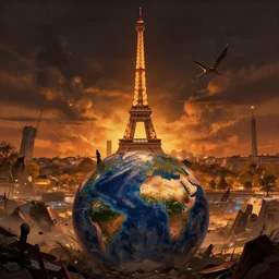 paris in a post apocalyptic earth as seen by greg rutkowski, dark theme, enchanted, warm colors, high quality, waw, trending on artstation