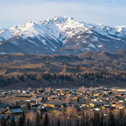 Fantasy landscape of a hilly timberland town with snowy mountains rising high in the distance
