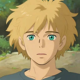 young man with medium - length, curly, golden hair, sorrow, perfectly proportioned face, aquamarine eyes, natural lighting, path traced, highly detailed, high quality, cartoon, digital painting, by new haicheng and studio ghibli
